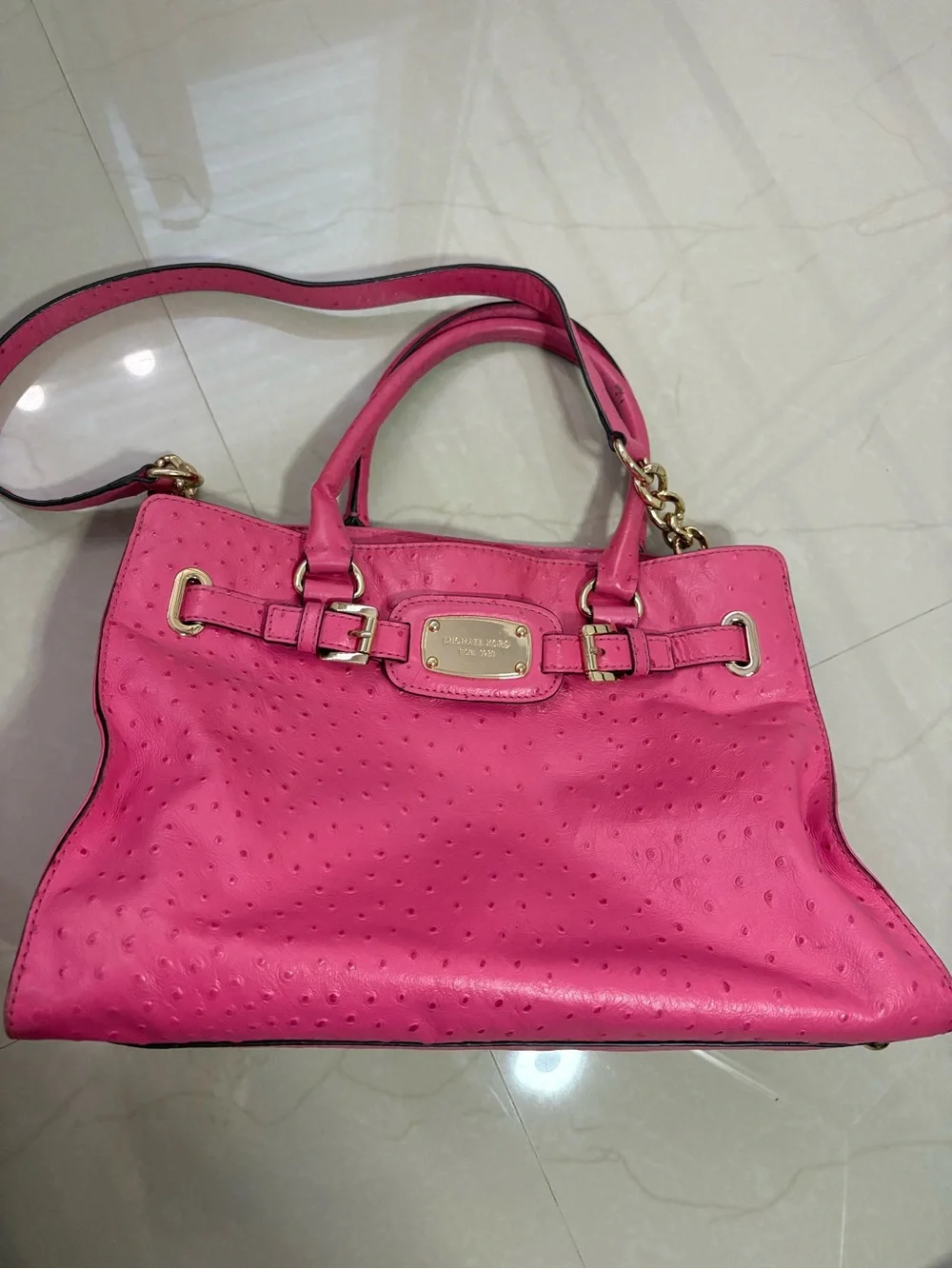 Michael Kors Bright Pink Hamilton Leather Satchel with Gold Hardware